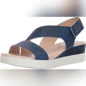 ECCO Blue Leather Touch 2-Strap Plateau Wedge Sandal Sz 6 SH200